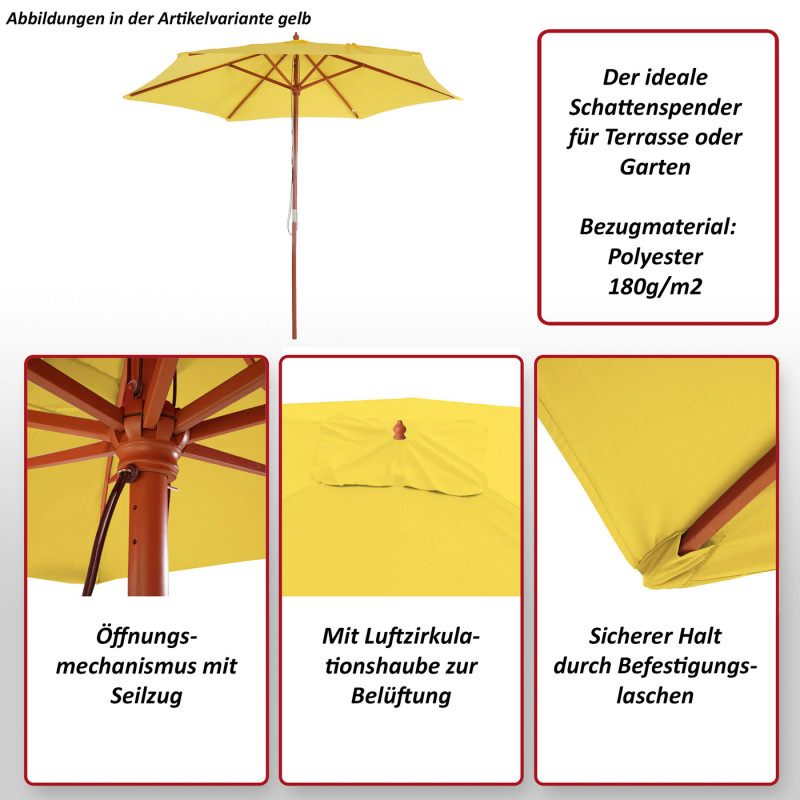 Parasol Florida, parasol de jardin parasol de marché, Ø 3m polyester/bois - jaune