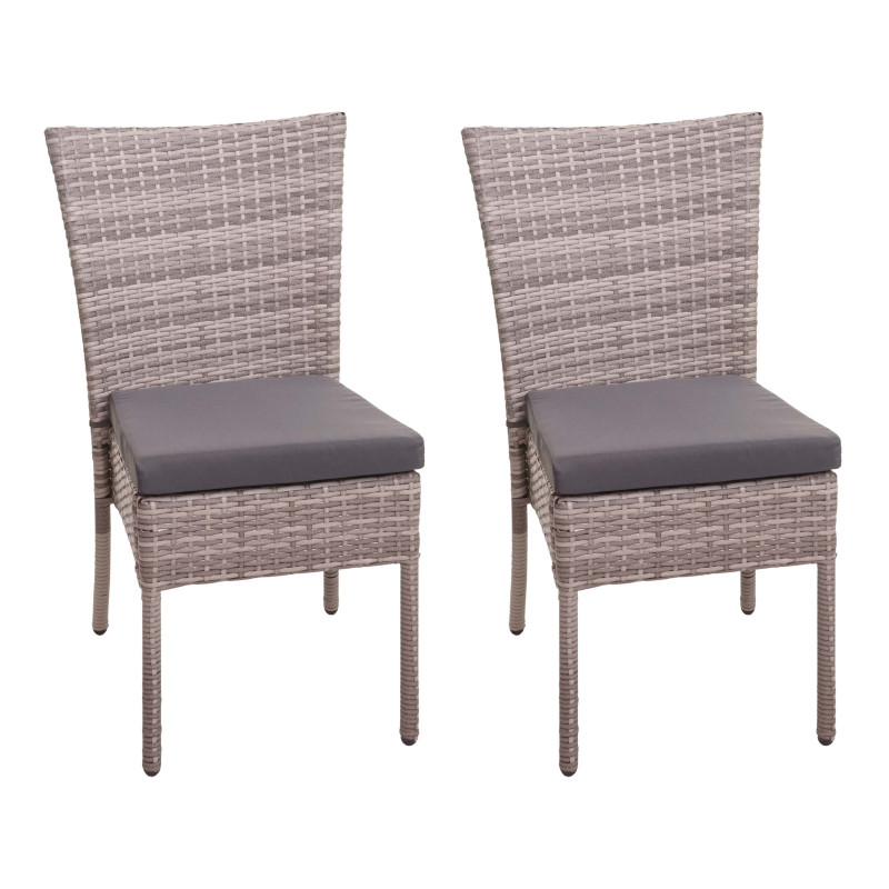 2x Chaise en poly rotin chaise de balcon chaise de jardin, empilable - gris, coussins gris foncé