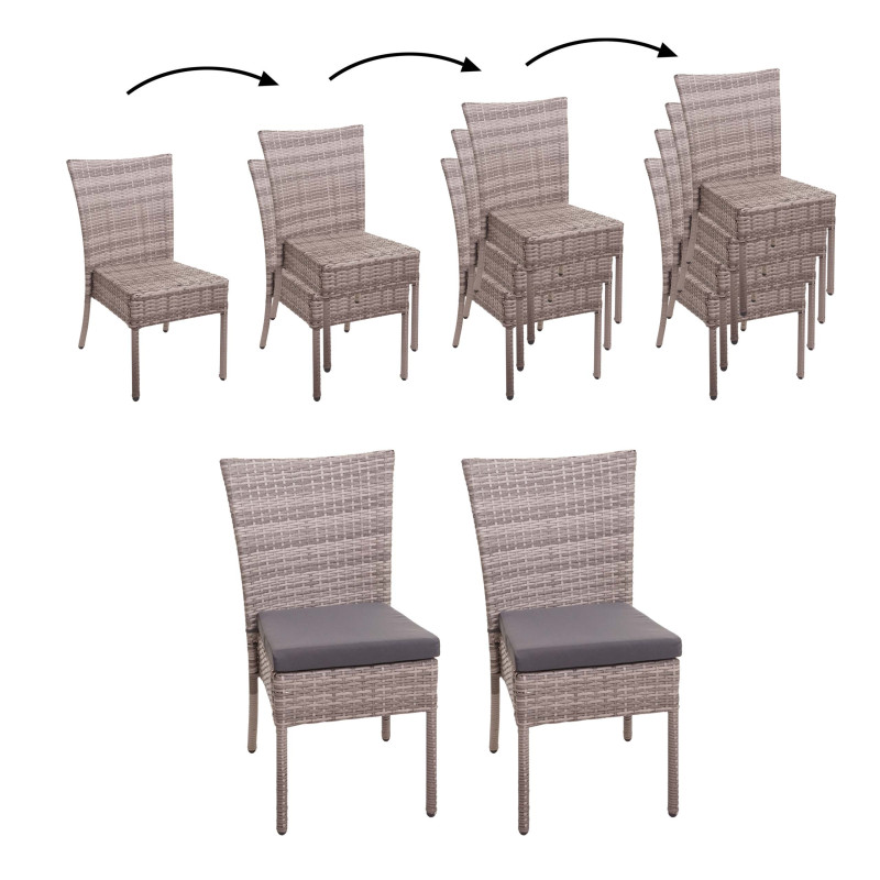 2x Chaise en poly rotin chaise de balcon chaise de jardin, empilable - gris, coussins gris foncé