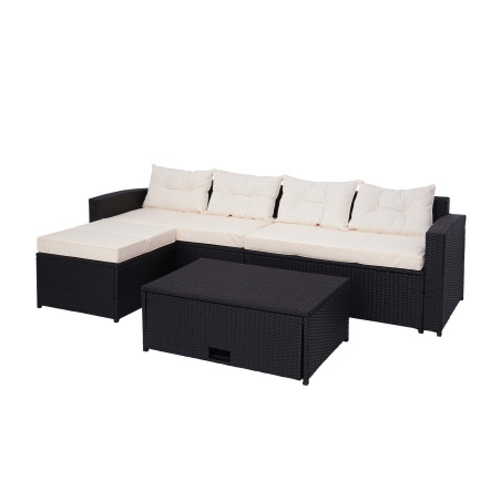 Ensemble poly rotin ensemble balcon/jardin/salon - noir, coussins crème-beige