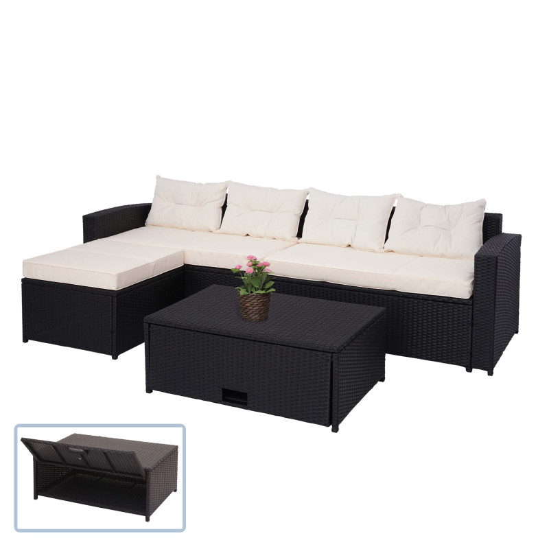 Ensemble poly rotin ensemble balcon/jardin/salon - noir, coussins crème-beige