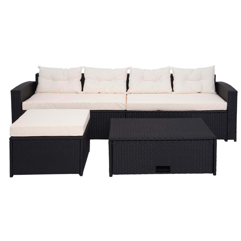 Ensemble poly rotin ensemble balcon/jardin/salon - noir, coussins crème-beige