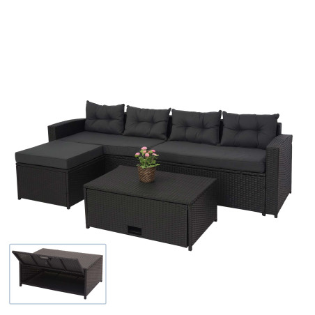 Ensemble poly rotin ensemble balcon/jardin/salon groupe de sièges sofa, - noir, coussins gris foncé