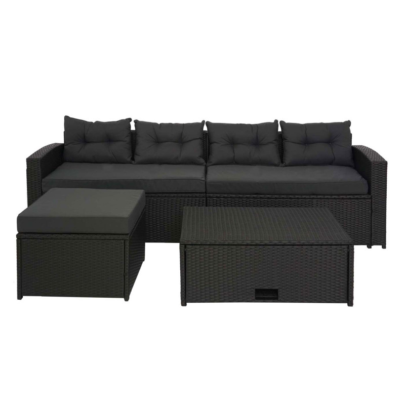 Ensemble poly rotin ensemble balcon/jardin/salon groupe de sièges sofa, - noir, coussins gris foncé