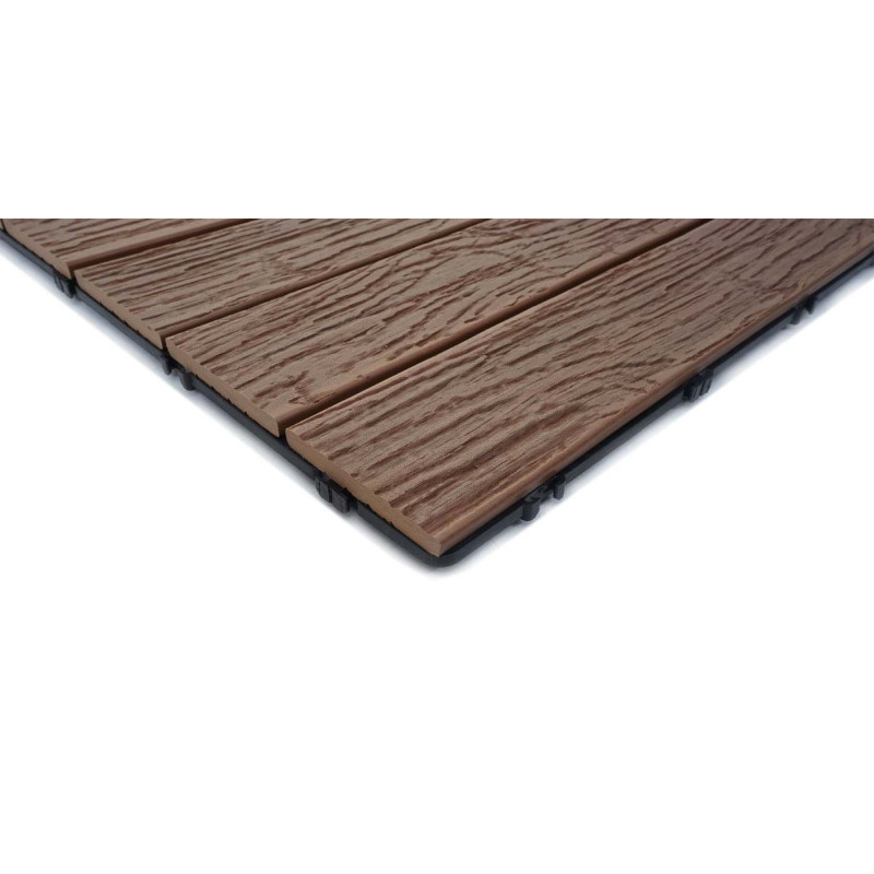 Carrelage en WPC aspect bois pour balcon/terrasse, structure 3D - brun foncé, 4x chaque 50x50cm 1m²