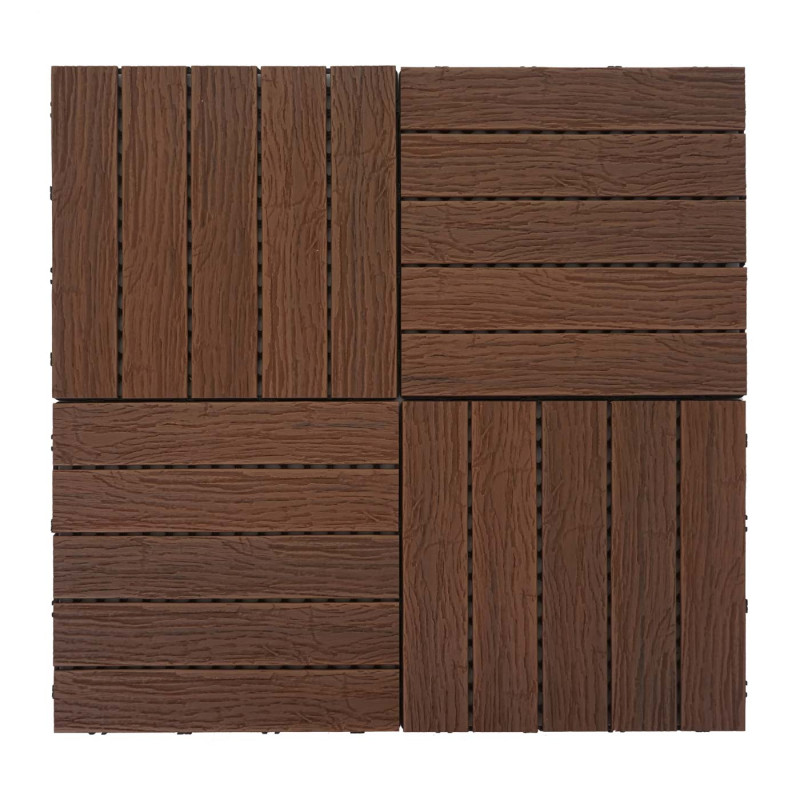 Carrelage en WPC aspect bois pour balcon/terrasse, structure 3D - brun foncé, 4x chaque 50x50cm 1m²