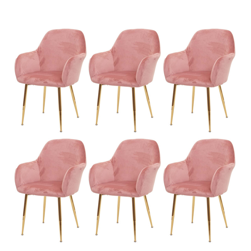 Lot de 6 chaises de salle à manger , design rétro - velours vieux rose, pieds dorés