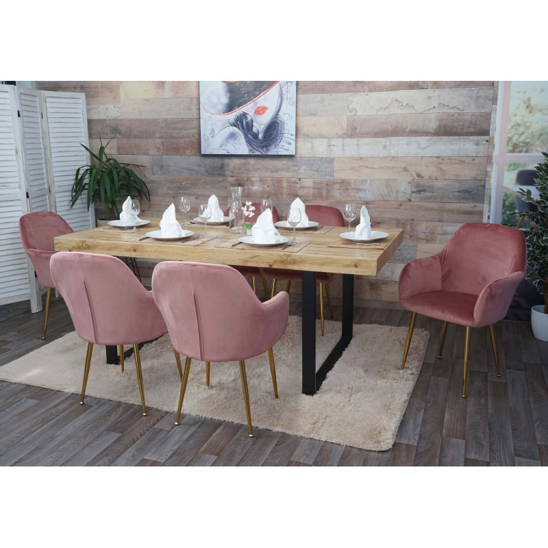 Lot de 6 chaises de salle à manger , design rétro - velours vieux rose, pieds dorés