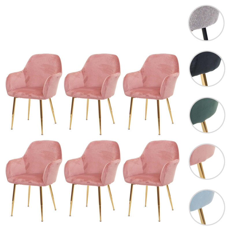 Lot de 6 chaises de salle à manger , design rétro - velours vieux rose, pieds dorés