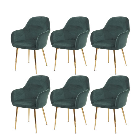 Lot de 6 chaises de salle à manger , design rétro - velours vert, pieds dorés