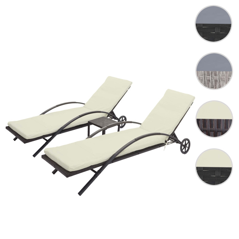 2x Chaises longues en polyrotin - brun, coussins crème-beige