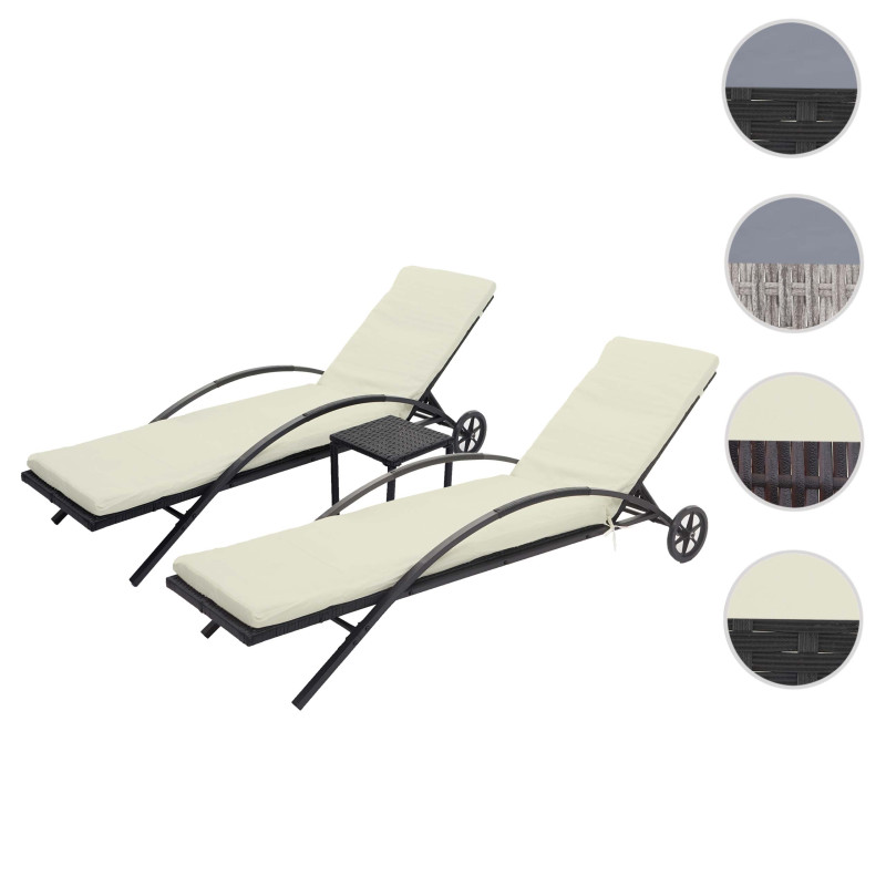 2x Chaises longues en polyrotin - noir, coussins crème-beige