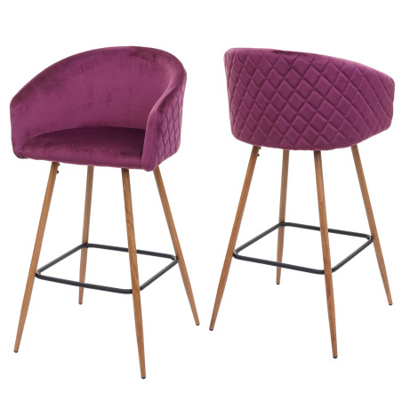 2x tabouret de bar chaise bar/comptoir, avec dossier, tissu - velours, couleur rouge-bordeaux