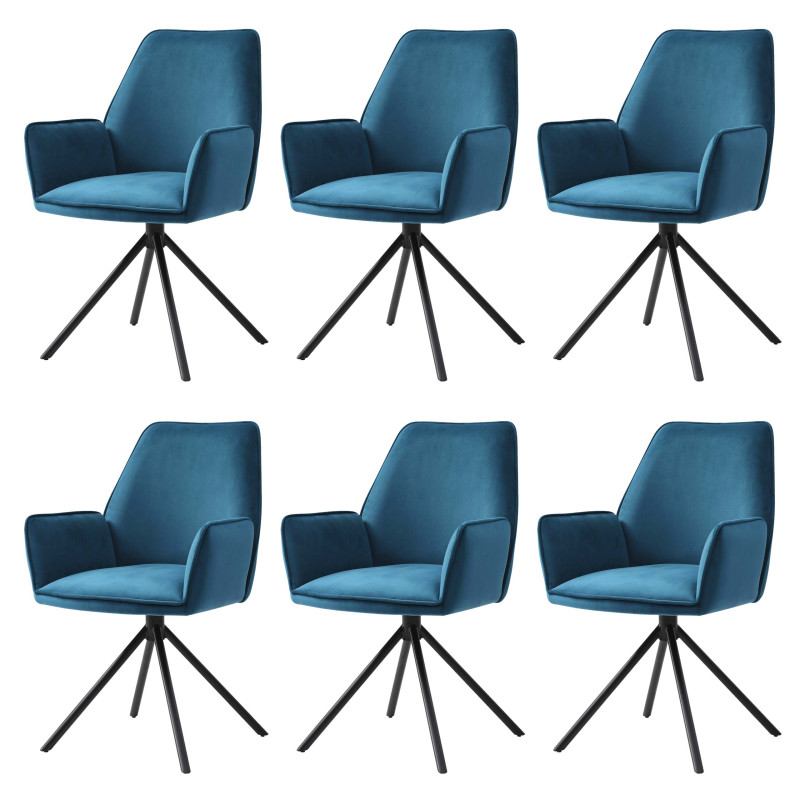 Lot de 6 chaises de salle à manger  avec accoudoirs - velours, Turquoise- bleu