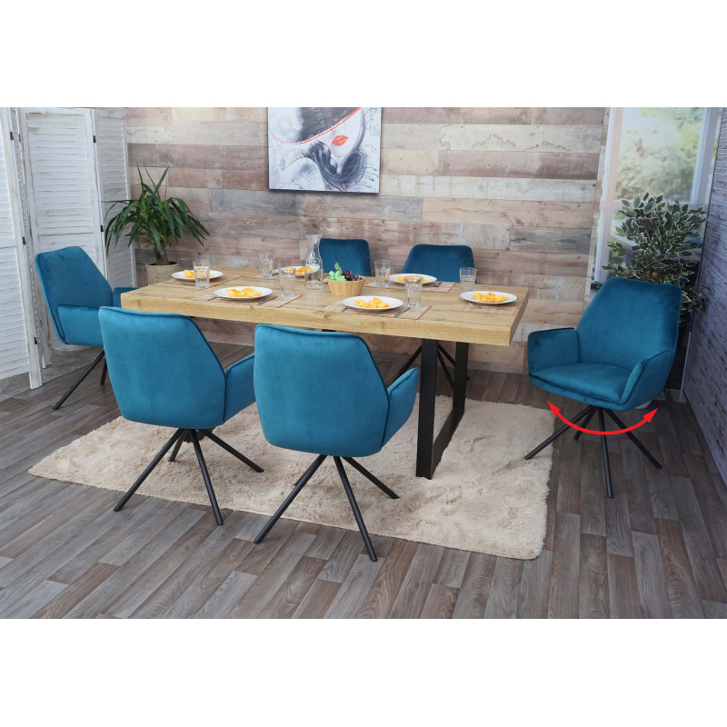 Lot de 6 chaises de salle à manger  avec accoudoirs - velours, Turquoise- bleu