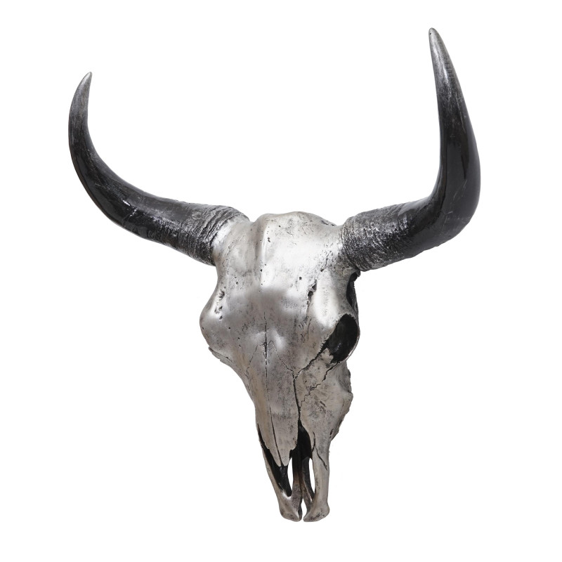 Crâne déco 45cm trophée tête de taureau en polyrésine, intérieur/extérieur - argent