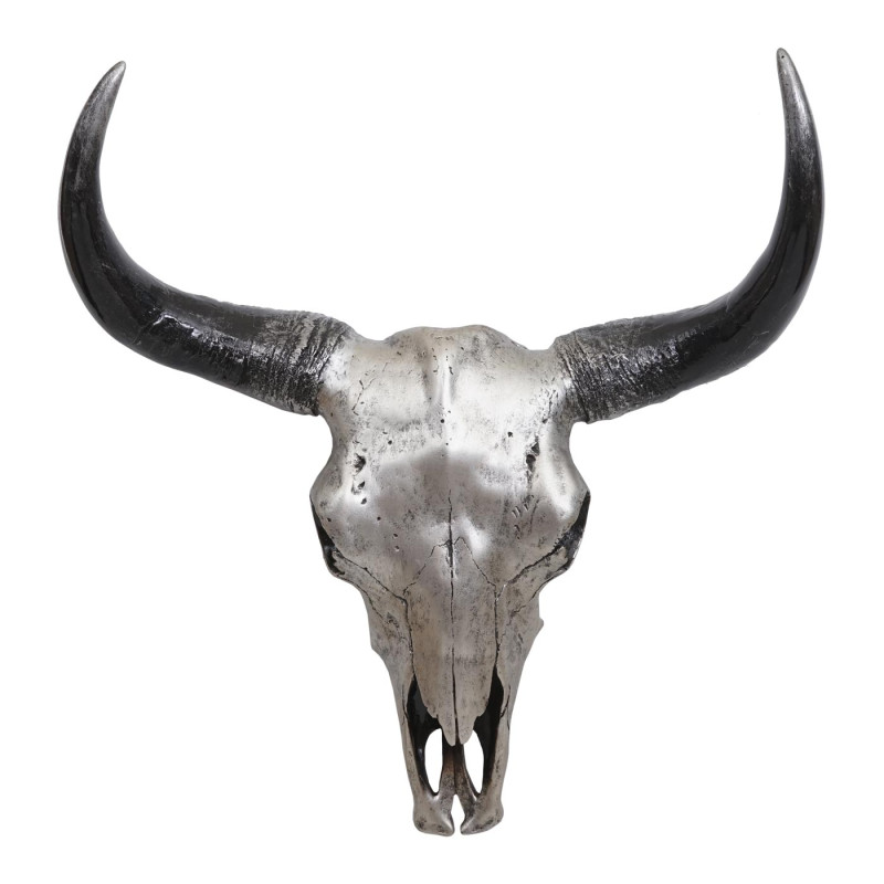 Crâne déco 45cm trophée tête de taureau en polyrésine, intérieur/extérieur - argent
