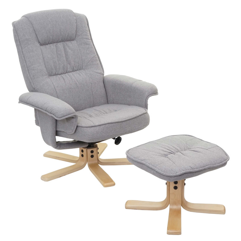 Fauteuil de télé M56, fauteuil de relaxation avec tabouret, tissu - gris clair