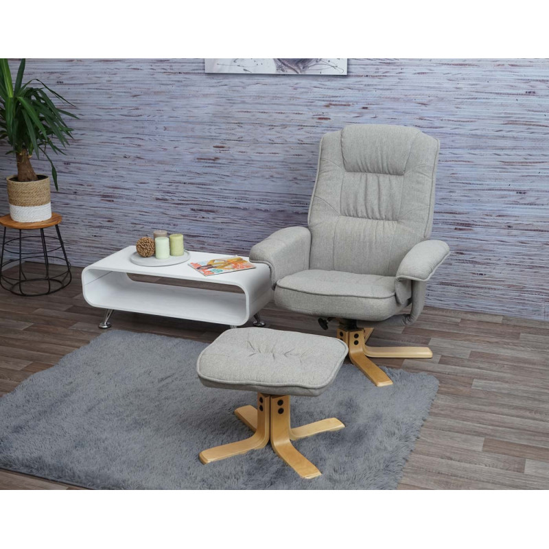 Fauteuil de télé M56, fauteuil de relaxation avec tabouret, tissu - gris clair