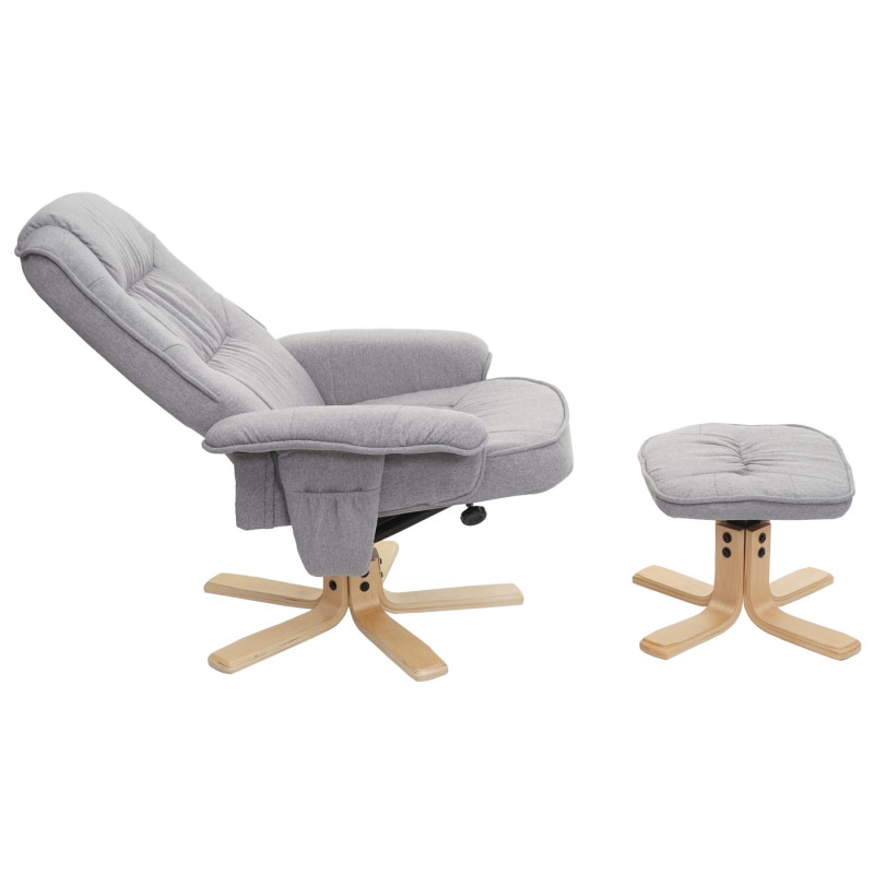 Fauteuil de télé M56, fauteuil de relaxation avec tabouret, tissu - gris clair