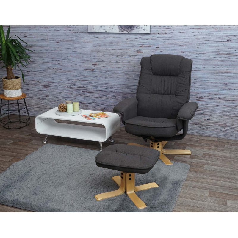 Fauteuil de télé M56, fauteuil de relaxation avec tabouret, tissu - gris foncé