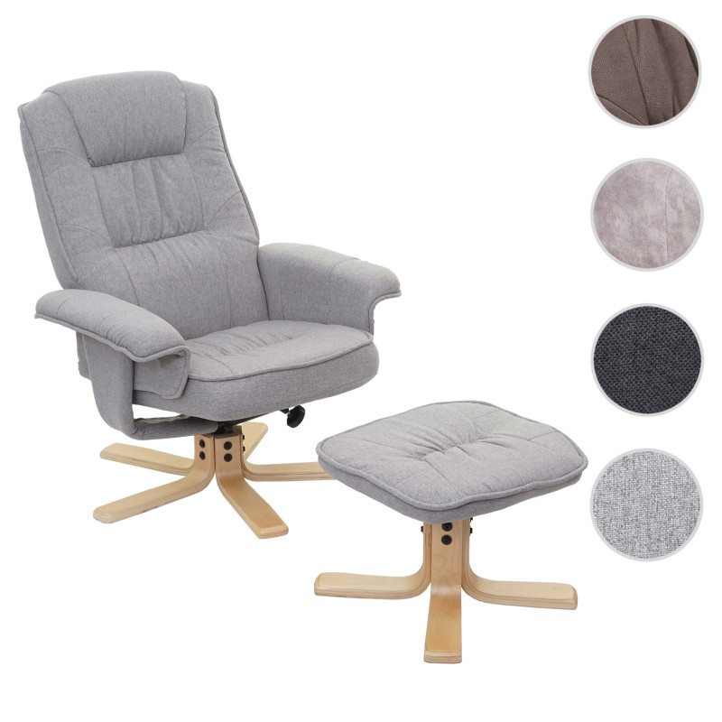 Fauteuil de télé M56, fauteuil de relaxation avec tabouret, tissu - gris clair