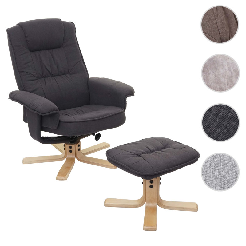 Fauteuil de télé M56, fauteuil de relaxation avec tabouret, tissu - gris foncé