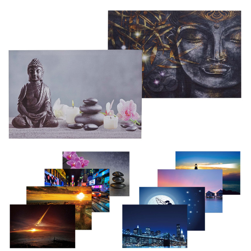 2x LED toile d'image image murale lumineuse 40x60cm, minuterie - Bouddha + bougies