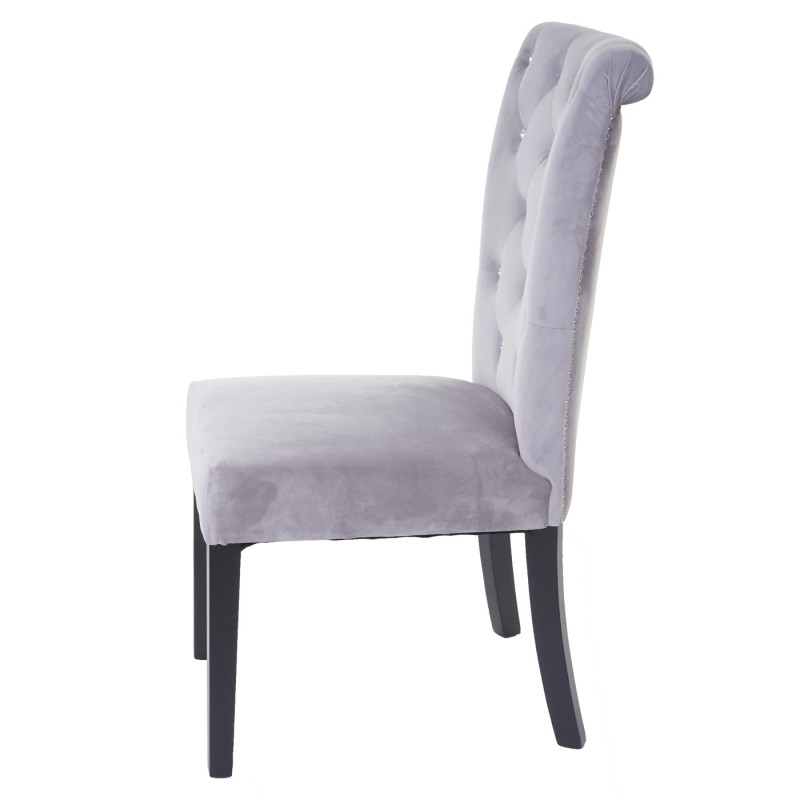 Chaise de salle à manger , velours riveté - gris clair, pieds noirs