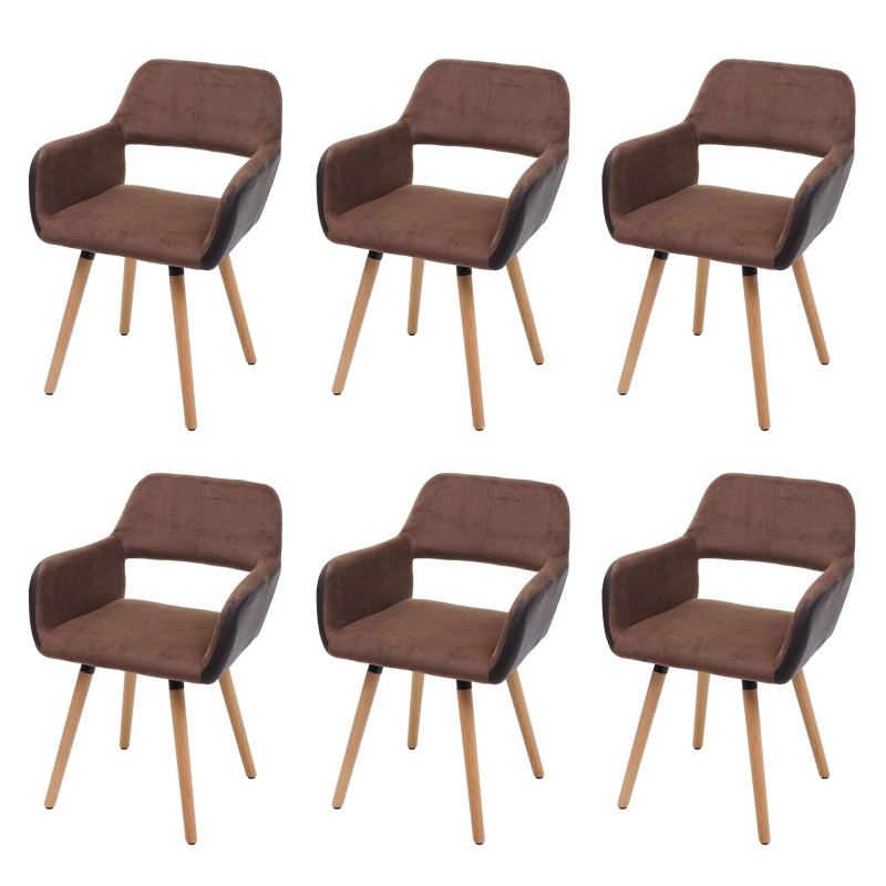 Lot de 6 chaises de salle à manger II, , design rétro années 50 - similicuir/tissu, marron clair, pieds clairs