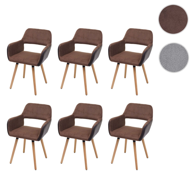 Lot de 6 chaises de salle à manger II, , design rétro années 50 - similicuir/tissu, marron clair, pieds clairs