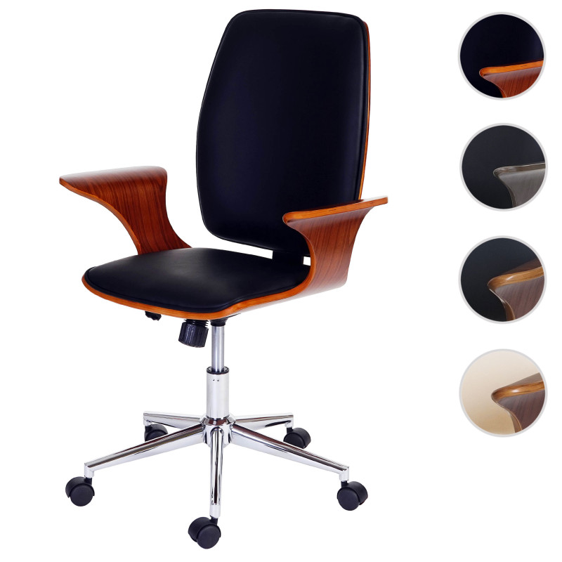 Chaise de bureau pivotante, similicuir bois courbé - aspect noyer, revêtement beige-crème