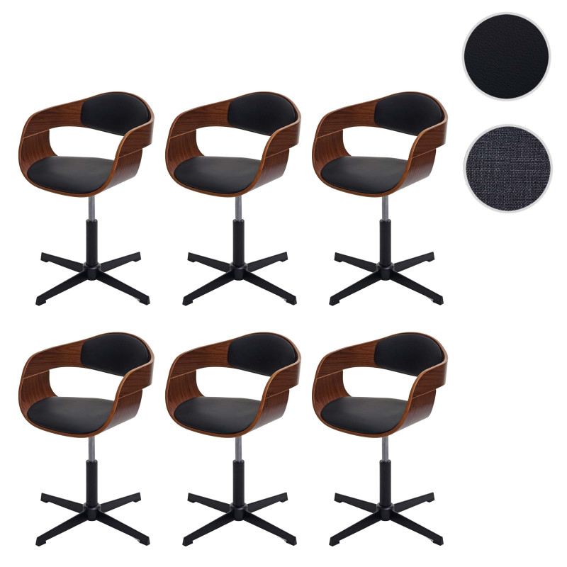 Lot de 6 chaises de salle à manger , réglable en hauteur mécanisme de rotation bois courbé - aspect noyer similicuir noir