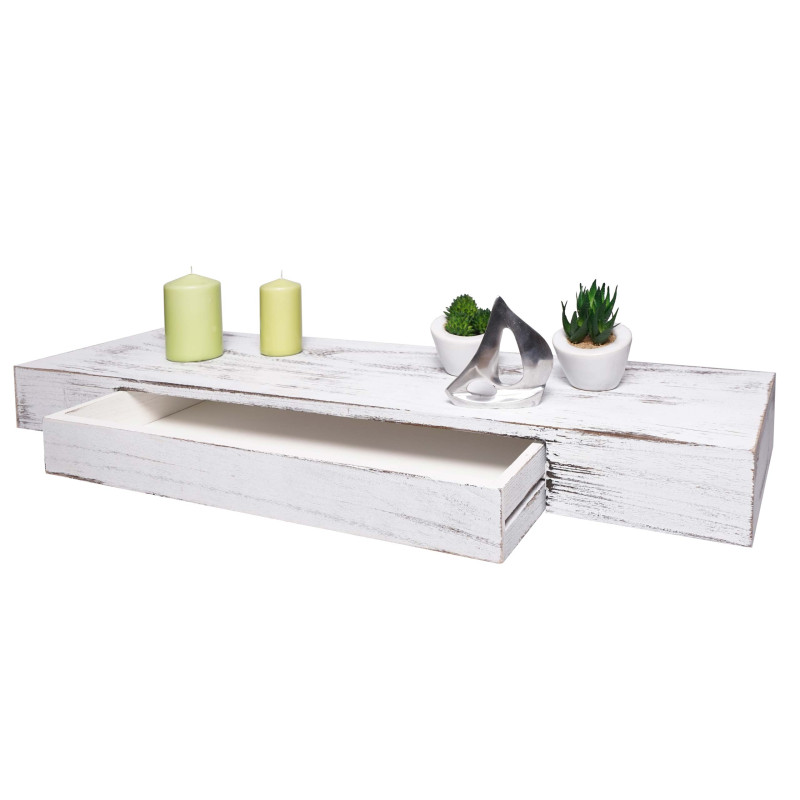 Étagère murale étagère suspendue, tiroir, en bois massif 8x80x25cm - blanc, shabby