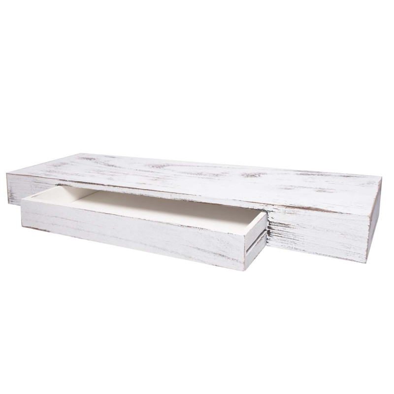 Étagère murale étagère suspendue, tiroir, en bois massif 8x80x25cm - blanc, shabby