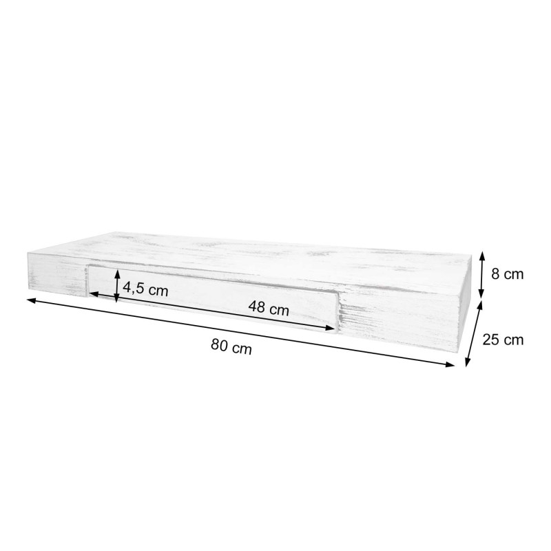 Étagère murale étagère suspendue, tiroir, en bois massif 8x80x25cm - blanc, shabby