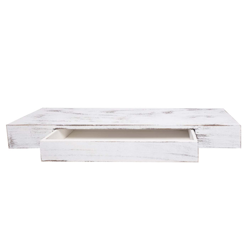 Étagère murale étagère suspendue, tiroir, en bois massif 8x80x25cm - blanc, shabby