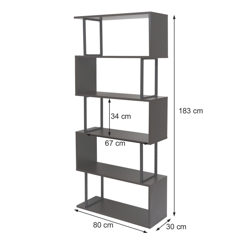 Bibliothèque étagère de salon, structure 3D 183x80cm, 5 niveaux - marron foncé, métal noir