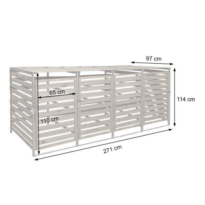 Abri à Poubelles, pour 4 ou 8 poubelles extensible 110x65x93 cm, bois massif - gris clair