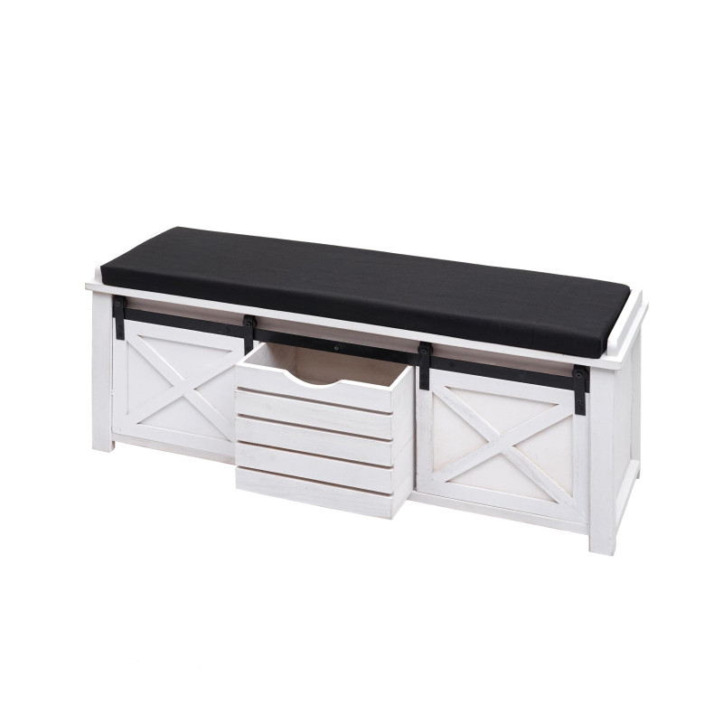 Banc avec compartiments de rangement rembourré, métal, bois massif, aspect shabby 43x102x33cm - blanc