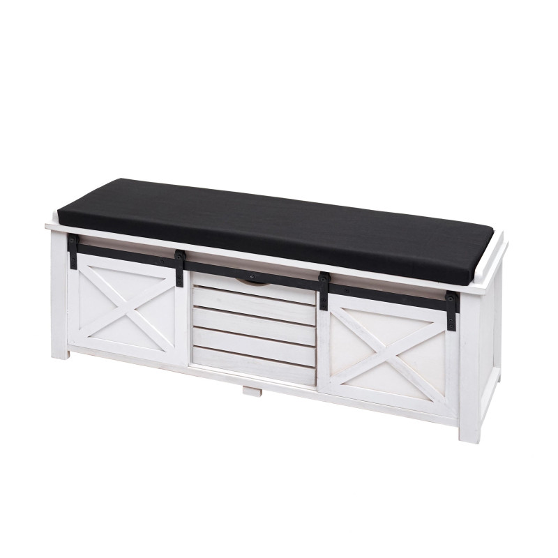 Banc avec compartiments de rangement rembourré, métal, bois massif, aspect shabby 43x102x33cm - blanc