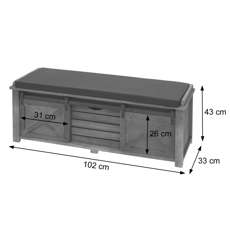 Banc avec compartiments de rangement rembourré, métal, bois massif, aspect shabby 43x102x33cm - blanc