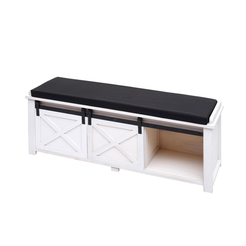 Banc avec compartiments de rangement rembourré, métal, bois massif, aspect shabby 43x102x33cm - blanc