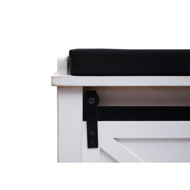 Banc avec compartiments de rangement rembourré, métal, bois massif, aspect shabby 43x102x33cm - blanc