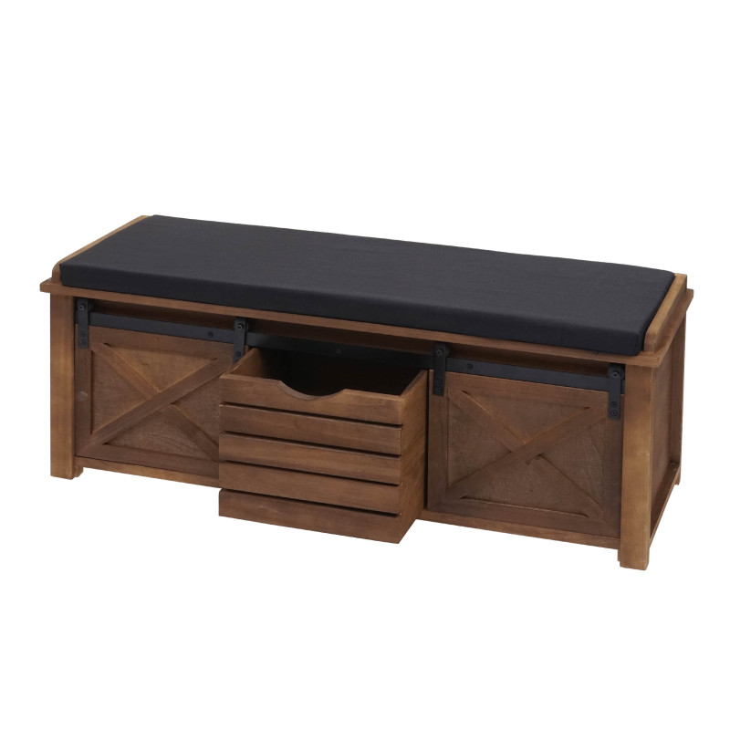 Banc avec compartiments de rangement rembourré, métal, bois massif, aspect shabby 43x102x33cm-marron