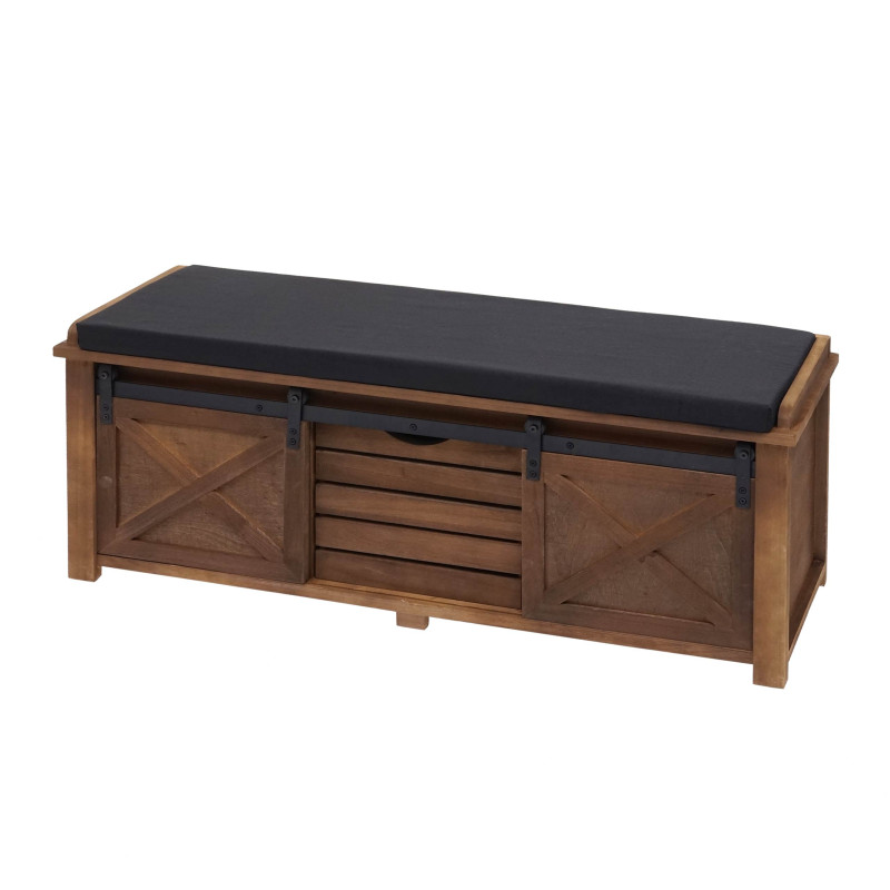 Banc avec compartiments de rangement rembourré, métal, bois massif, aspect shabby 43x102x33cm-marron