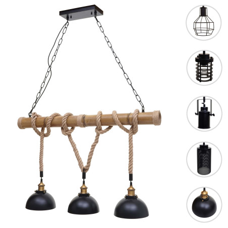 Lampe à suspension corde de bambou, vintage industriel métal noir - 3x abat-jours tubulaire