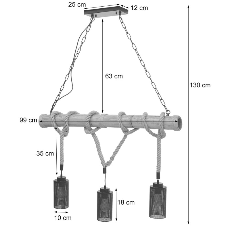 Lampe à suspension corde de bambou, vintage industriel métal noir - 3x abat-jours tubulaire