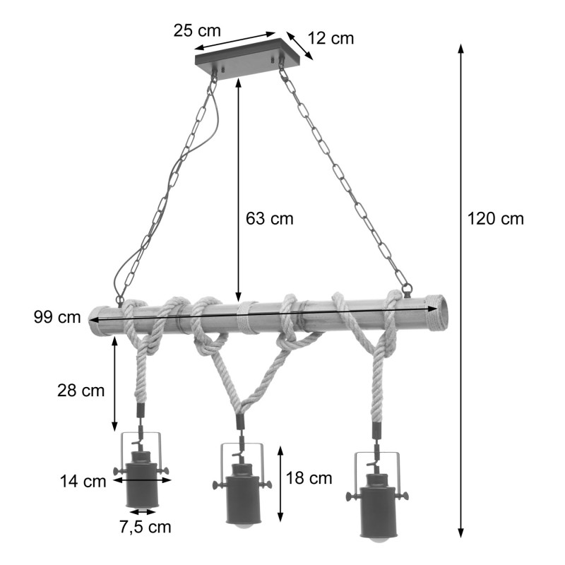 Lampe à suspension corde de bambou, vintage industriel métal noir - 3x abat-jours Spot