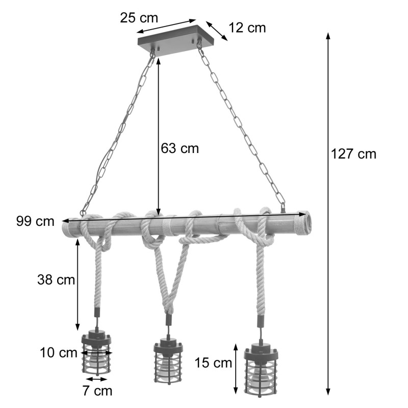 Lampe à suspension corde de bambou, vintage industriel métal noir - 3x abat-jours cage